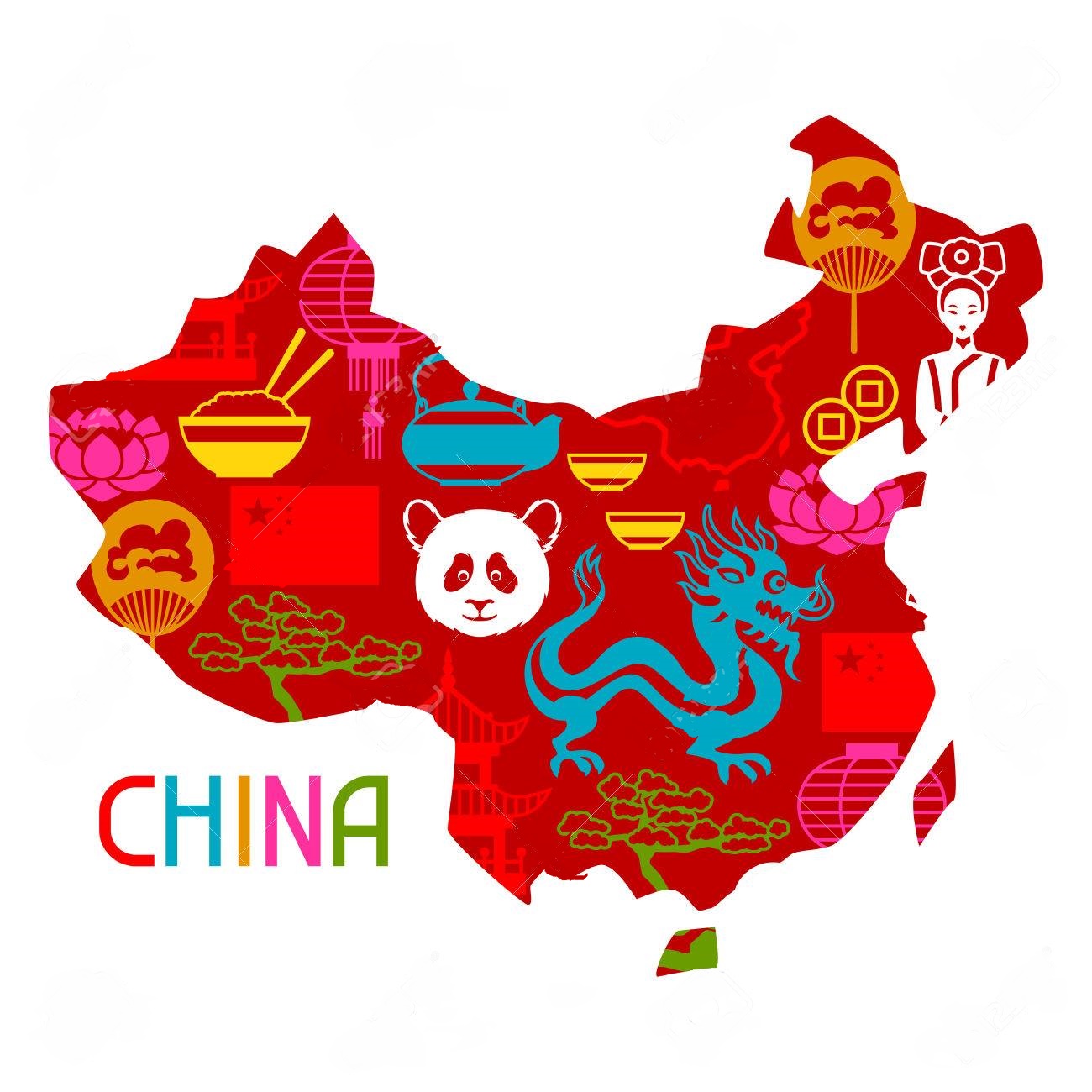 China map design. Chinese symbols and objects